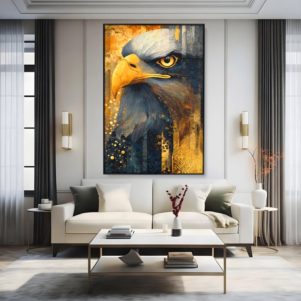 Tablou canvas cu tablou canvas cu vultur in profil, in rama de aluminiu negru, pe perete intr-un living